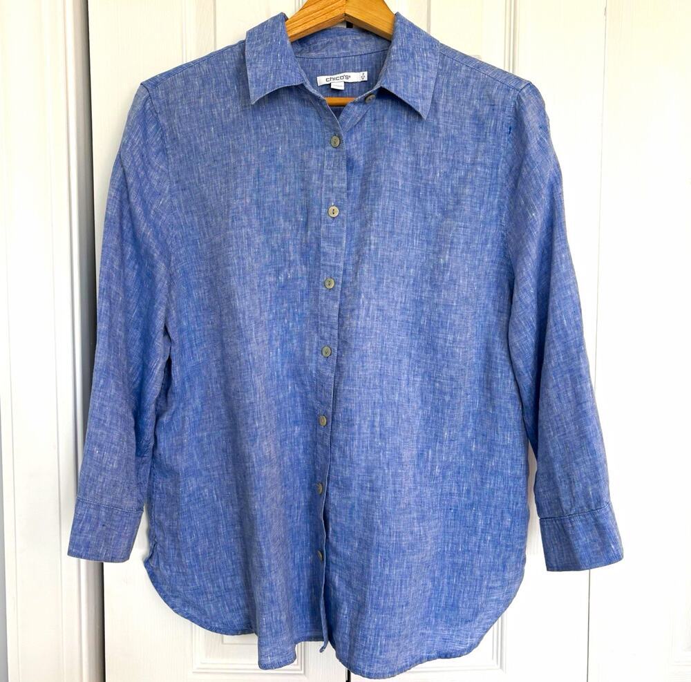 Chico's Blue 100% Linen Chambray Button-Up Shirt Point Collar Long Sleeve Large
